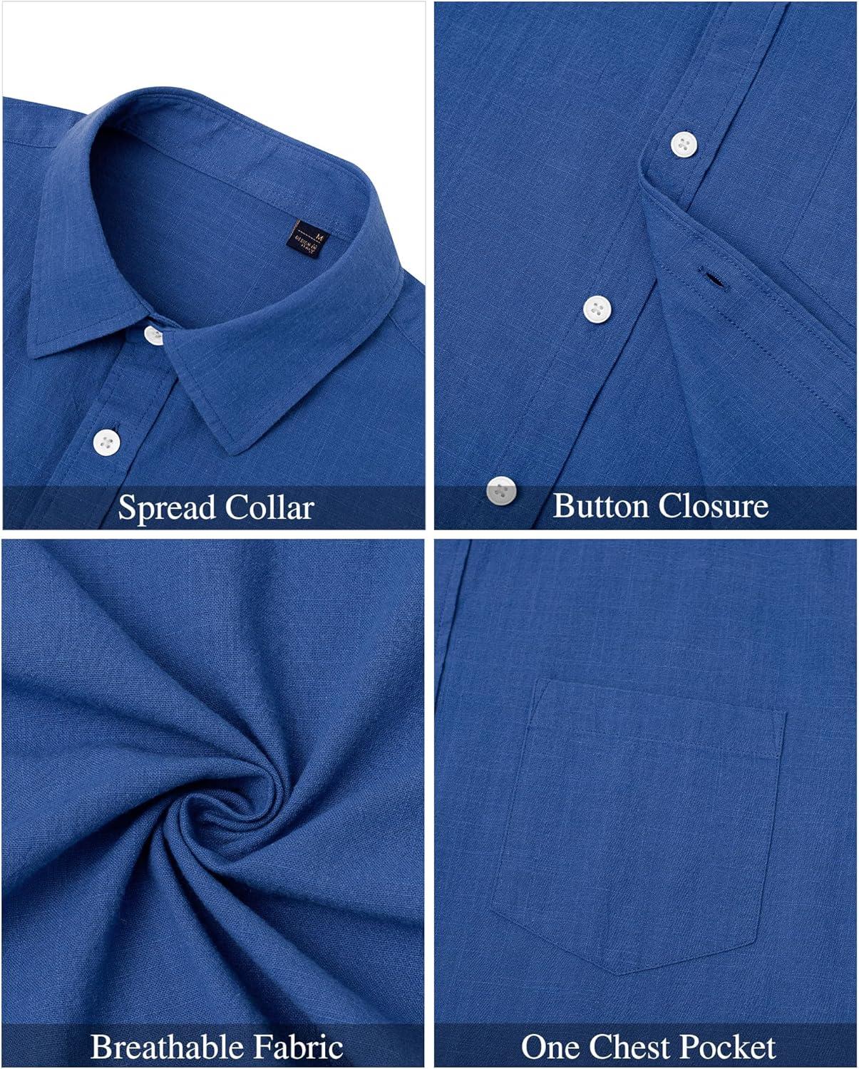 imageJVER Mens Cotton Linen Short Sleeve Shirts Casual Lightweight Button Down Shirts Vacation Beach Summer Tops with PocketDenim Blue