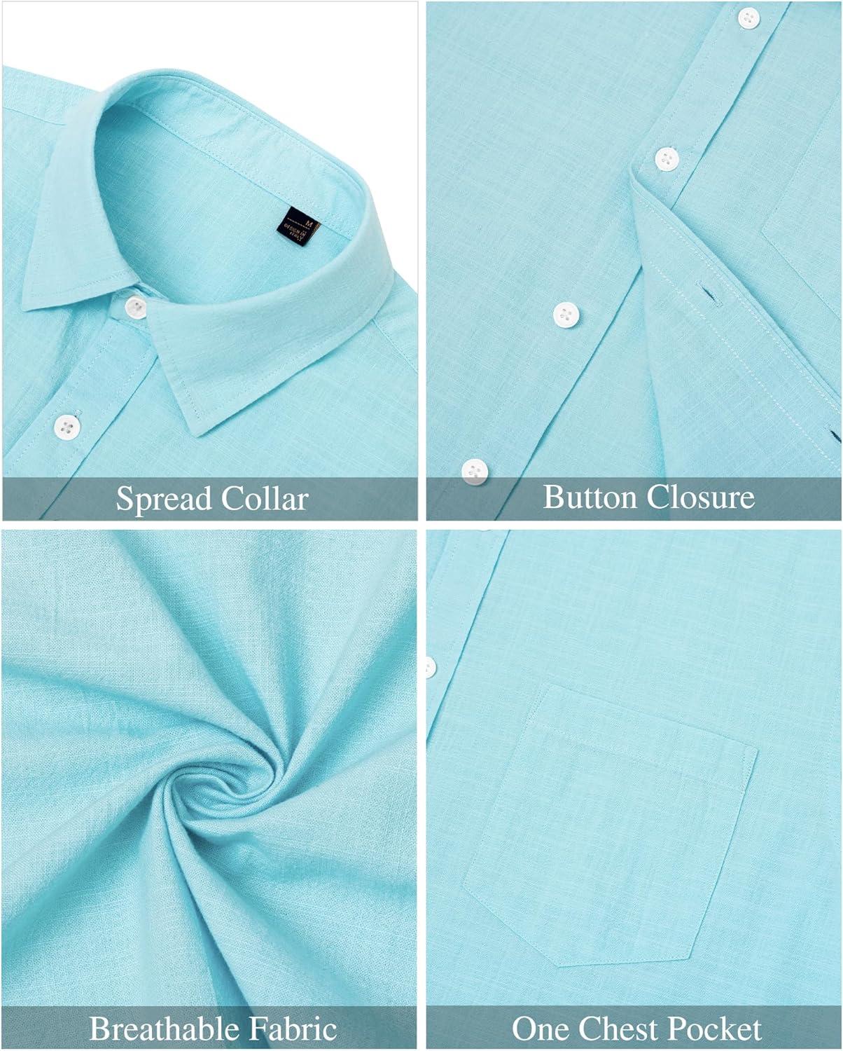 imageJVER Mens Cotton Linen Short Sleeve Shirts Casual Lightweight Button Down Shirts Vacation Beach Summer Tops with PocketFluorescent Blue