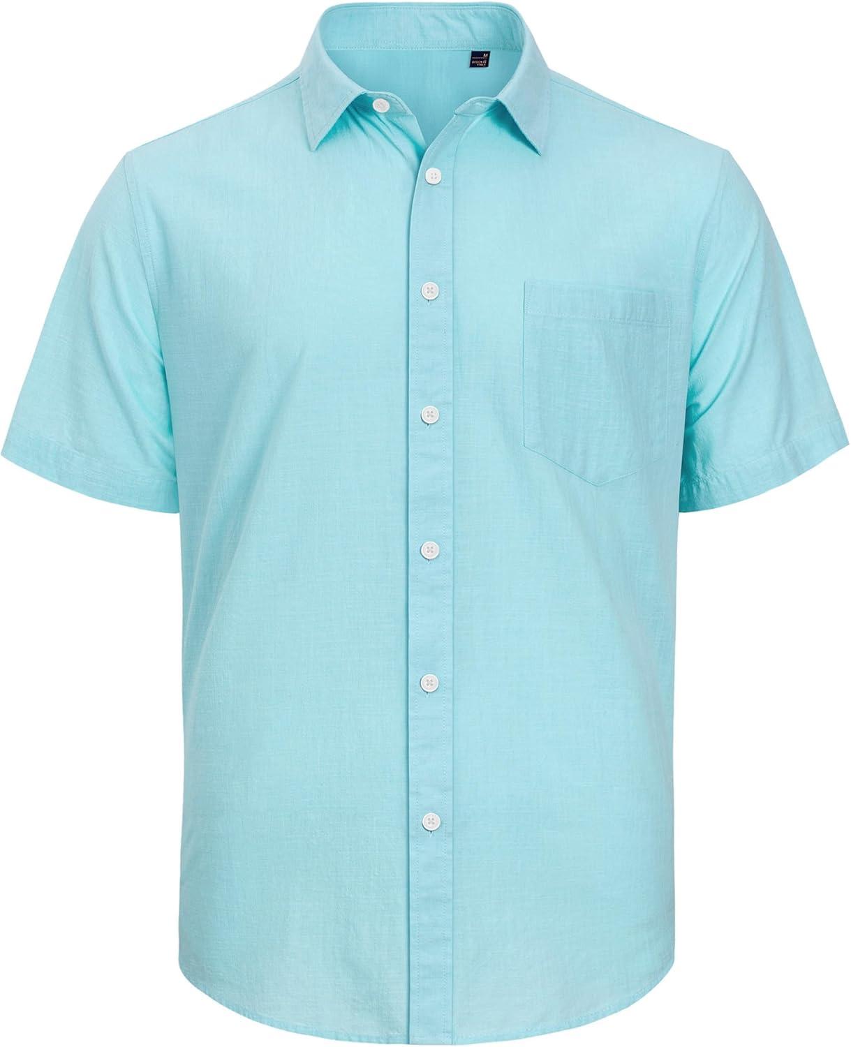 imageJVER Mens Cotton Linen Short Sleeve Shirts Casual Lightweight Button Down Shirts Vacation Beach Summer Tops with PocketFluorescent Blue
