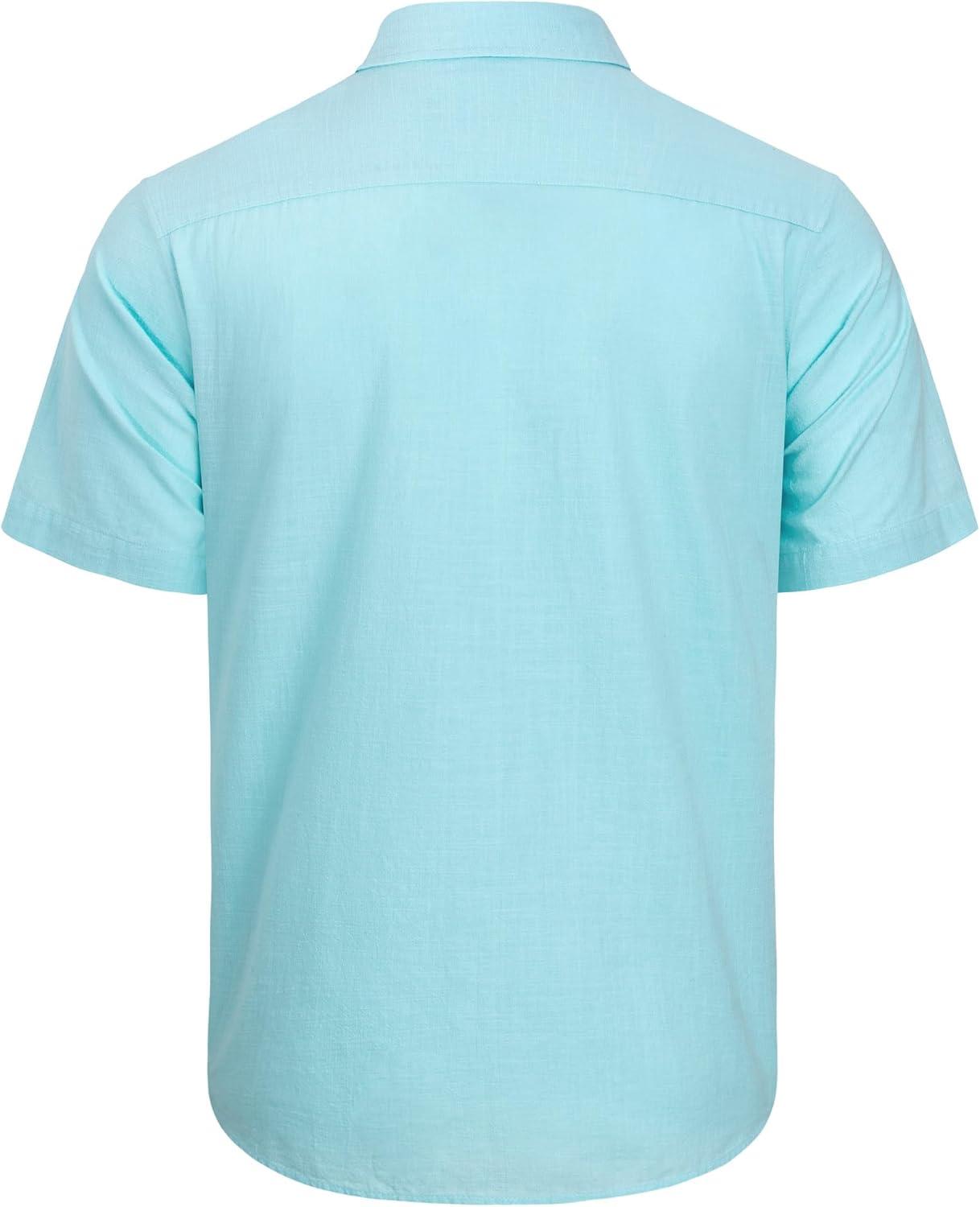 imageJVER Mens Cotton Linen Short Sleeve Shirts Casual Lightweight Button Down Shirts Vacation Beach Summer Tops with PocketFluorescent Blue
