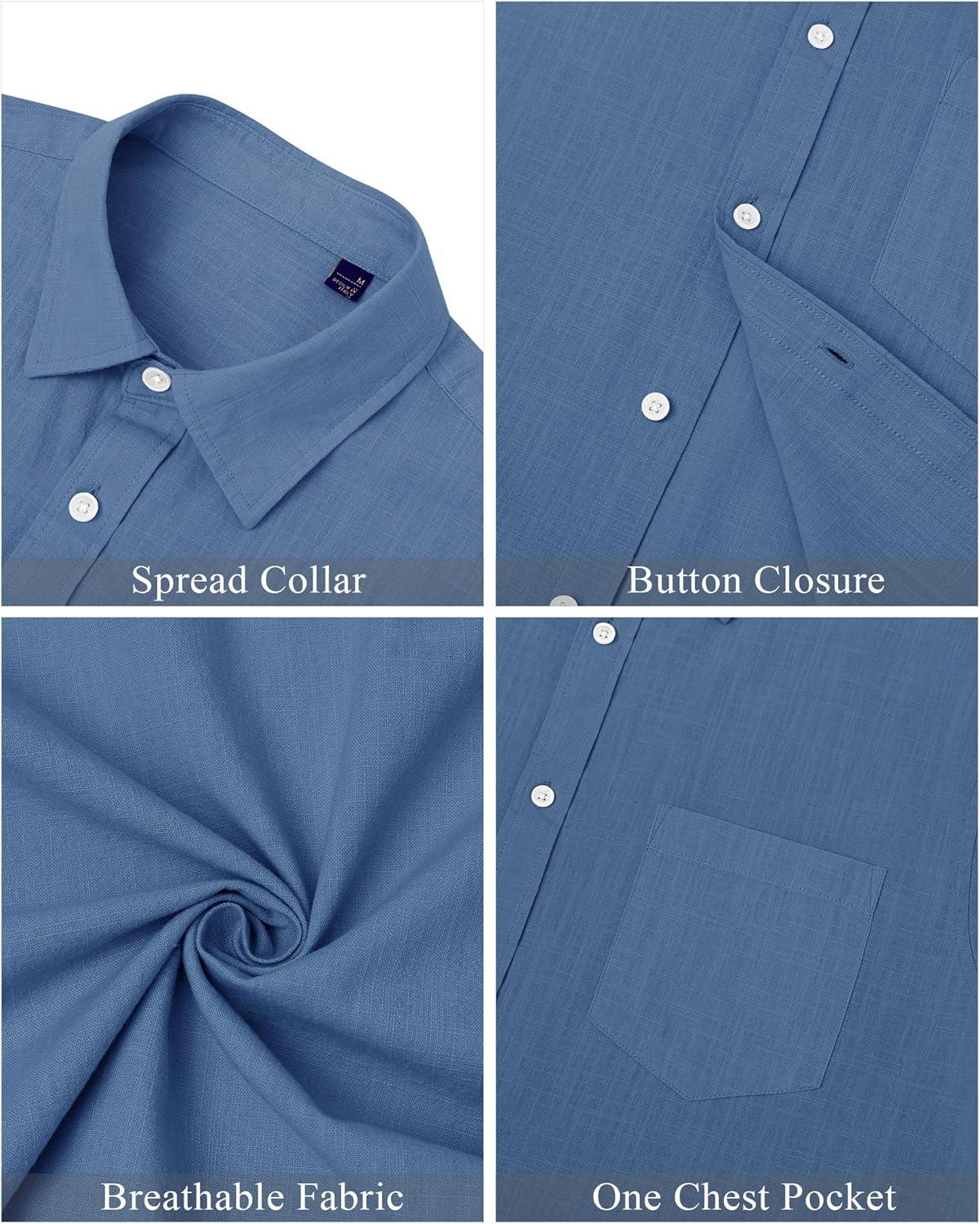 imageJVER Mens Cotton Linen Short Sleeve Shirts Casual Lightweight Button Down Shirts Vacation Beach Summer Tops with PocketGrey Blue