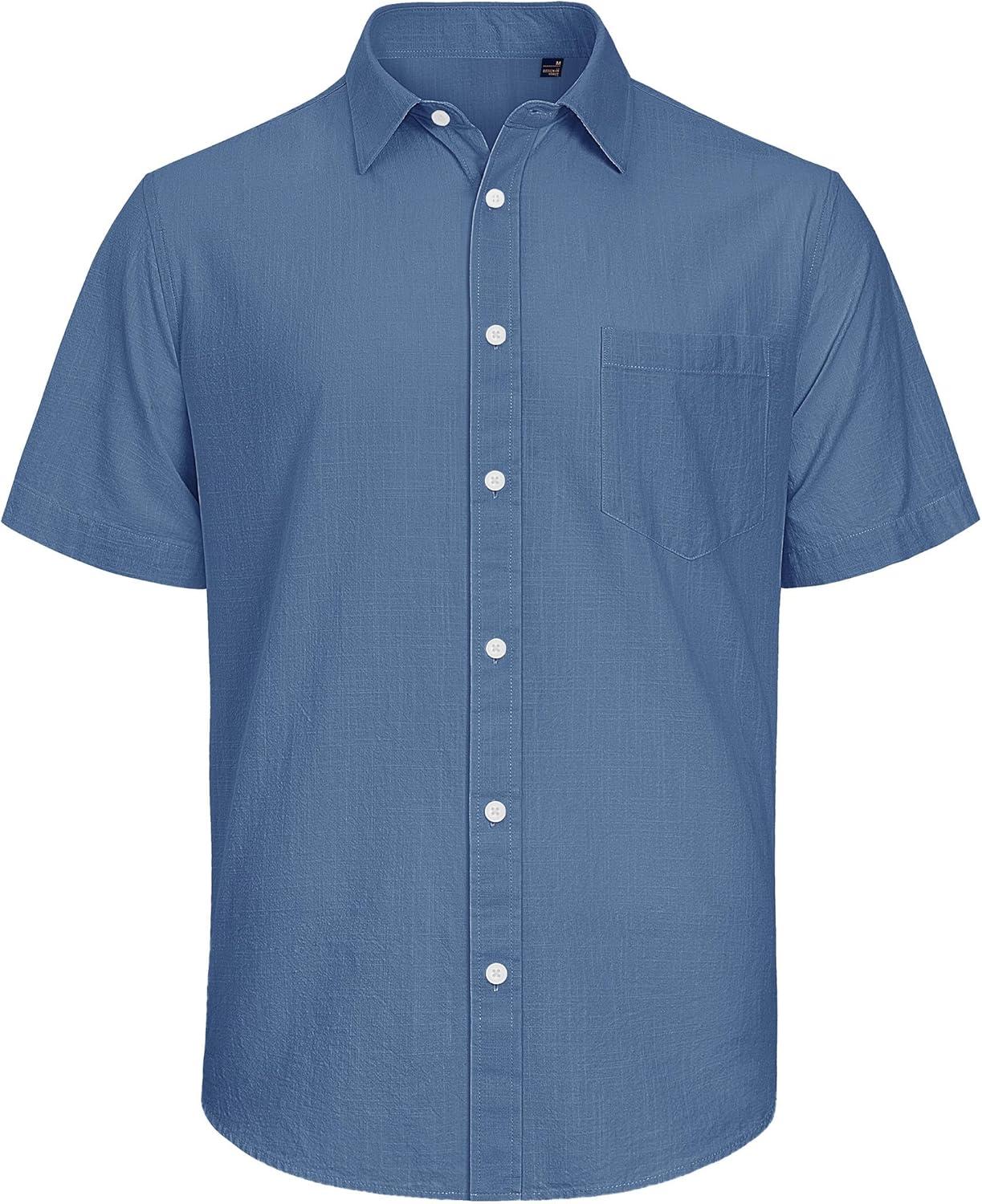 imageJVER Mens Cotton Linen Short Sleeve Shirts Casual Lightweight Button Down Shirts Vacation Beach Summer Tops with PocketGrey Blue