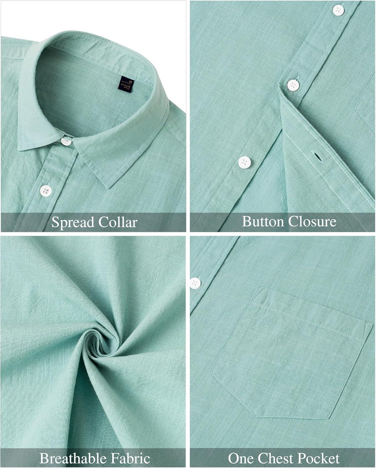 imageJVER Mens Cotton Linen Short Sleeve Shirts Casual Lightweight Button Down Shirts Vacation Beach Summer Tops with PocketGrey Green