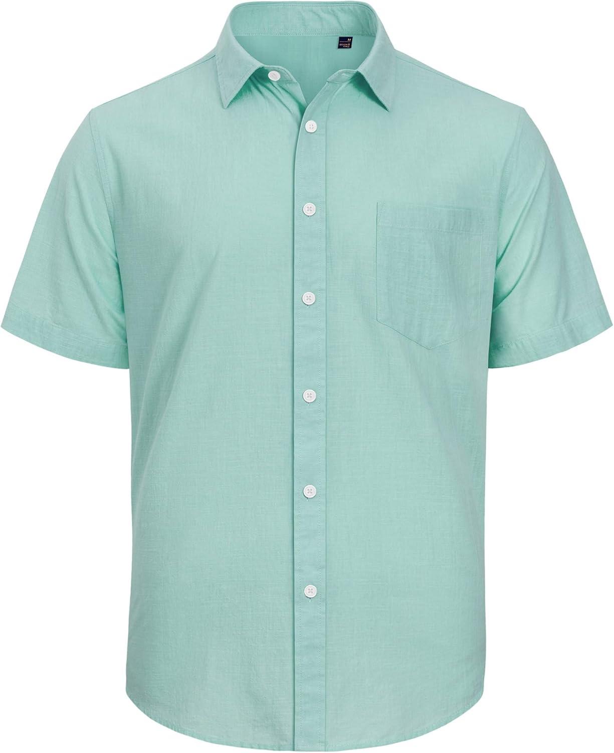 imageJVER Mens Cotton Linen Short Sleeve Shirts Casual Lightweight Button Down Shirts Vacation Beach Summer Tops with PocketGrey Green