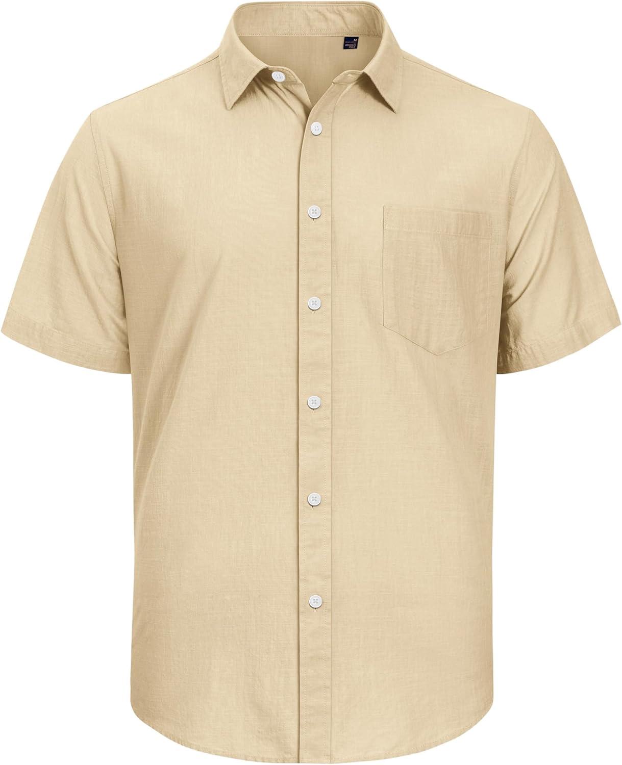 imageJVER Mens Cotton Linen Short Sleeve Shirts Casual Lightweight Button Down Shirts Vacation Beach Summer Tops with PocketKhaki