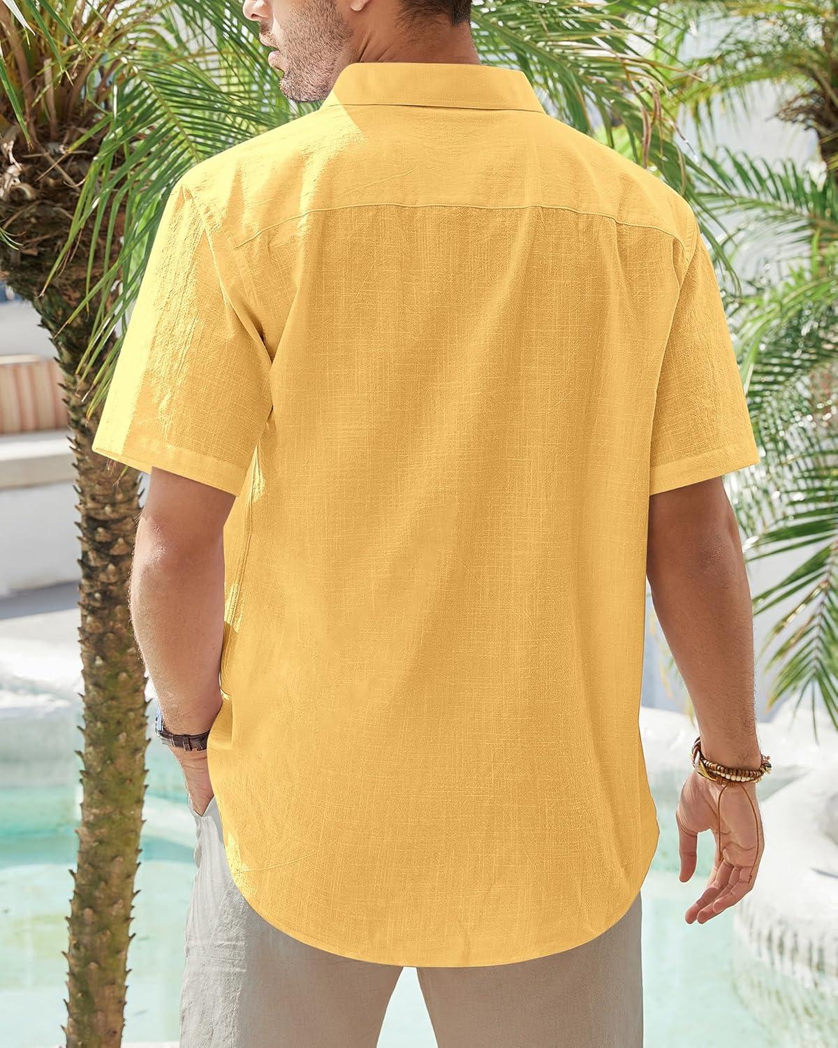 imageJVER Mens Cotton Linen Short Sleeve Shirts Casual Lightweight Button Down Shirts Vacation Beach Summer Tops with PocketLemon Yellow