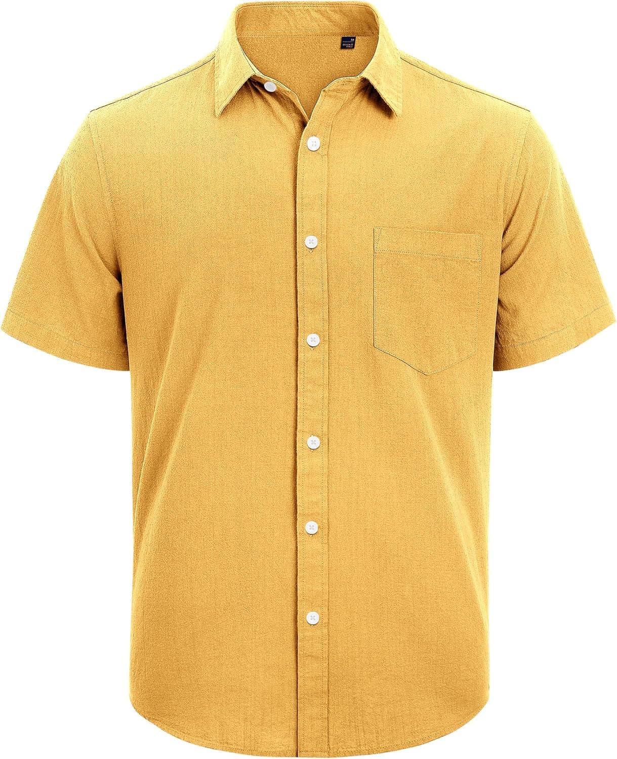 imageJVER Mens Cotton Linen Short Sleeve Shirts Casual Lightweight Button Down Shirts Vacation Beach Summer Tops with PocketLemon Yellow