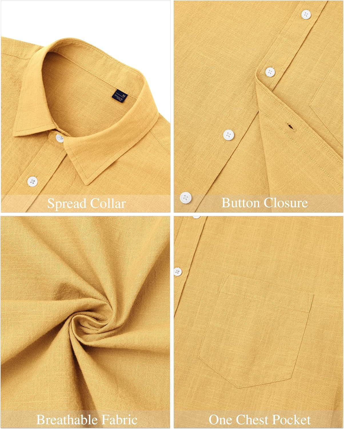 imageJVER Mens Cotton Linen Short Sleeve Shirts Casual Lightweight Button Down Shirts Vacation Beach Summer Tops with PocketLemon Yellow