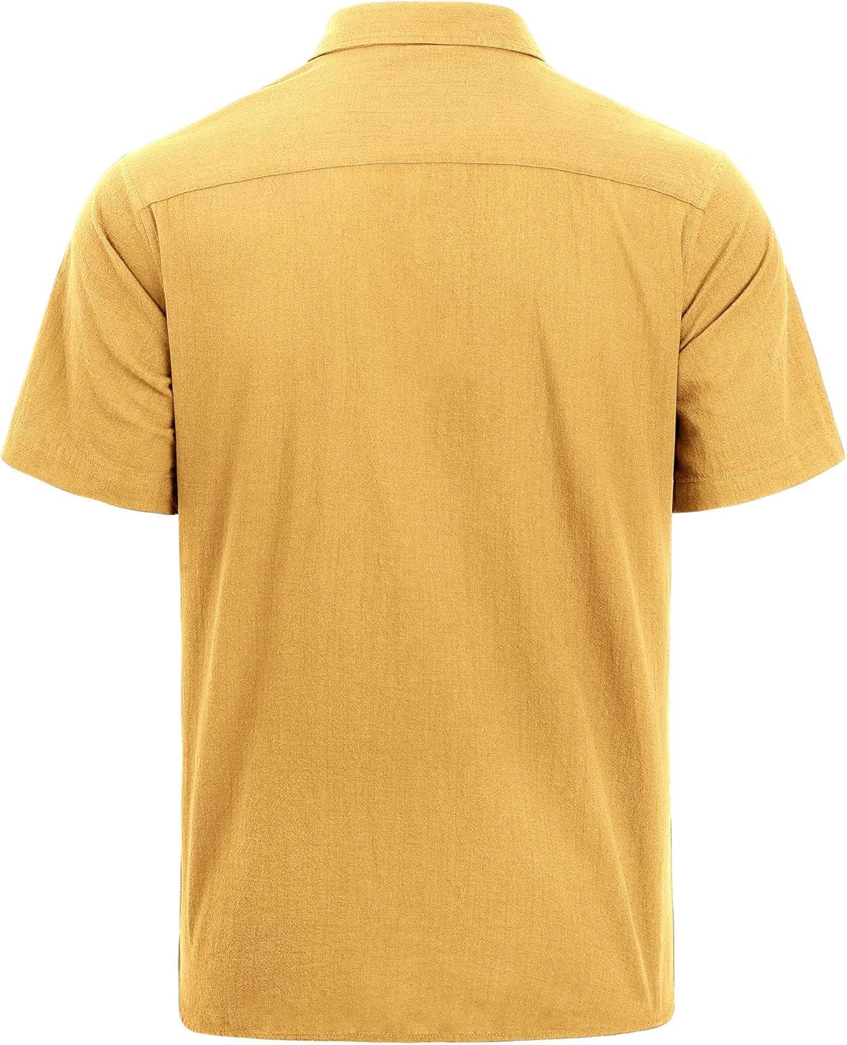 imageJVER Mens Cotton Linen Short Sleeve Shirts Casual Lightweight Button Down Shirts Vacation Beach Summer Tops with PocketLemon Yellow