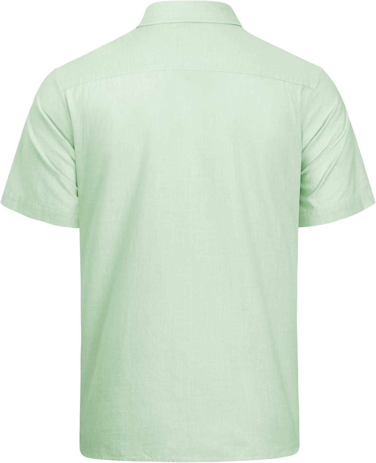 imageJVER Mens Cotton Linen Short Sleeve Shirts Casual Lightweight Button Down Shirts Vacation Beach Summer Tops with PocketLight Green