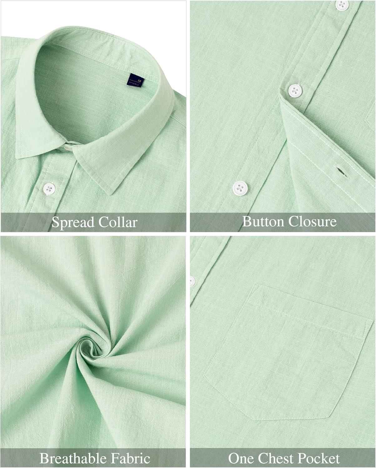 imageJVER Mens Cotton Linen Short Sleeve Shirts Casual Lightweight Button Down Shirts Vacation Beach Summer Tops with PocketLight Green