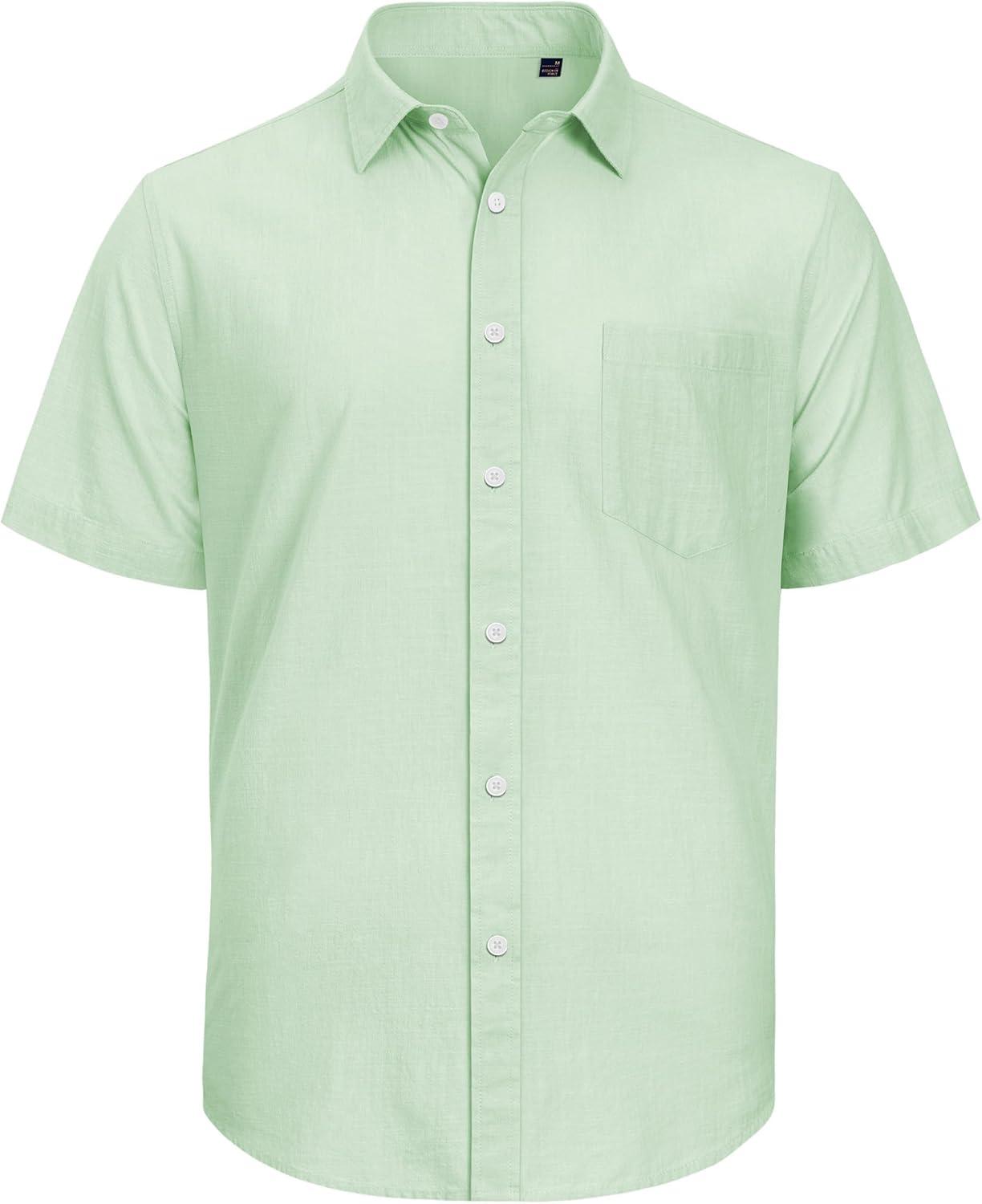 imageJVER Mens Cotton Linen Short Sleeve Shirts Casual Lightweight Button Down Shirts Vacation Beach Summer Tops with PocketLight Green