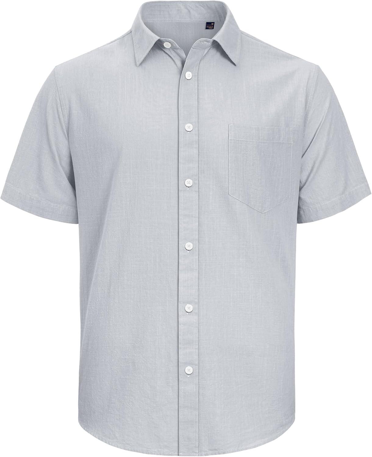 imageJVER Mens Cotton Linen Short Sleeve Shirts Casual Lightweight Button Down Shirts Vacation Beach Summer Tops with PocketLight Grey
