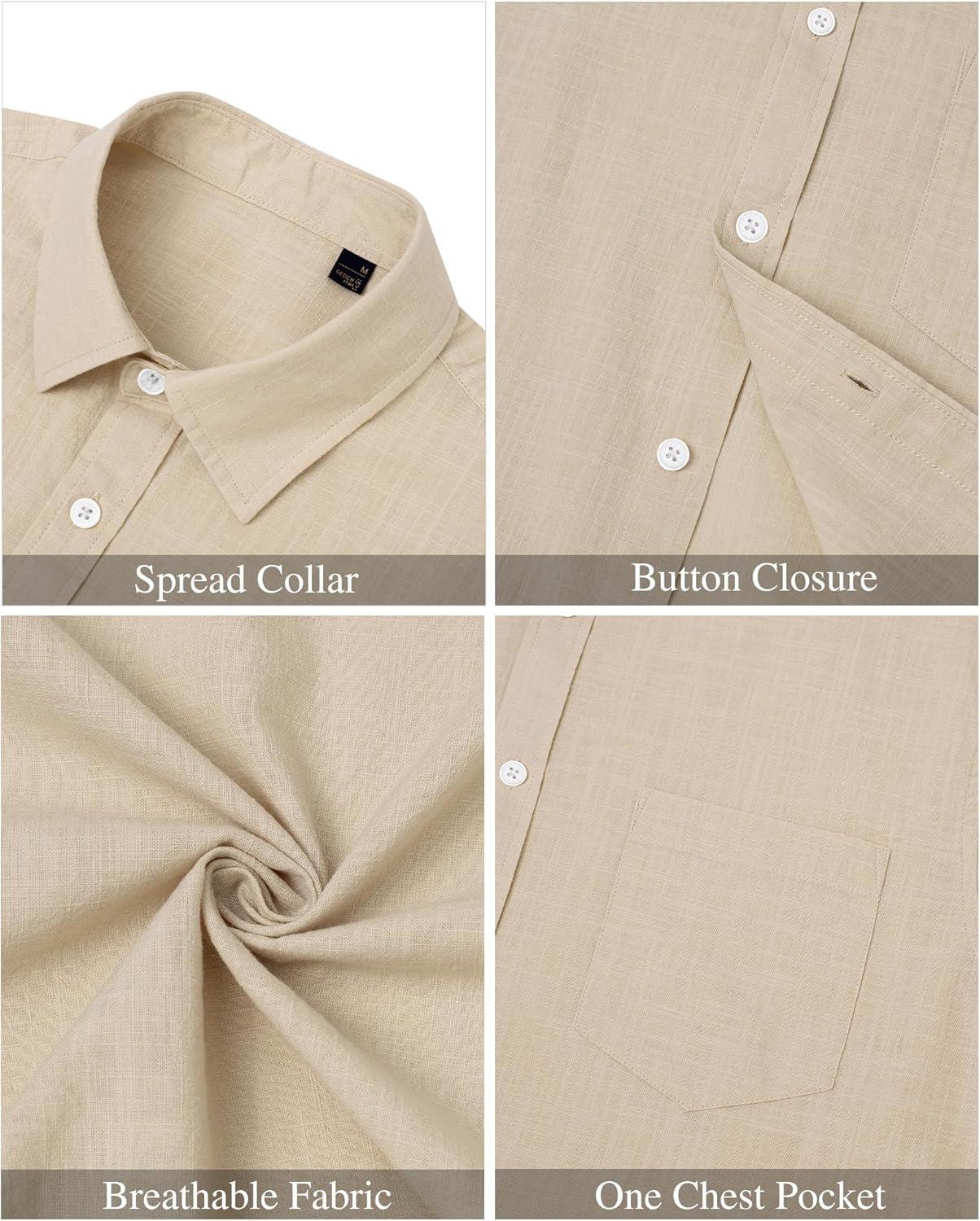 imageJVER Mens Cotton Linen Short Sleeve Shirts Casual Lightweight Button Down Shirts Vacation Beach Summer Tops with PocketLight Khaki