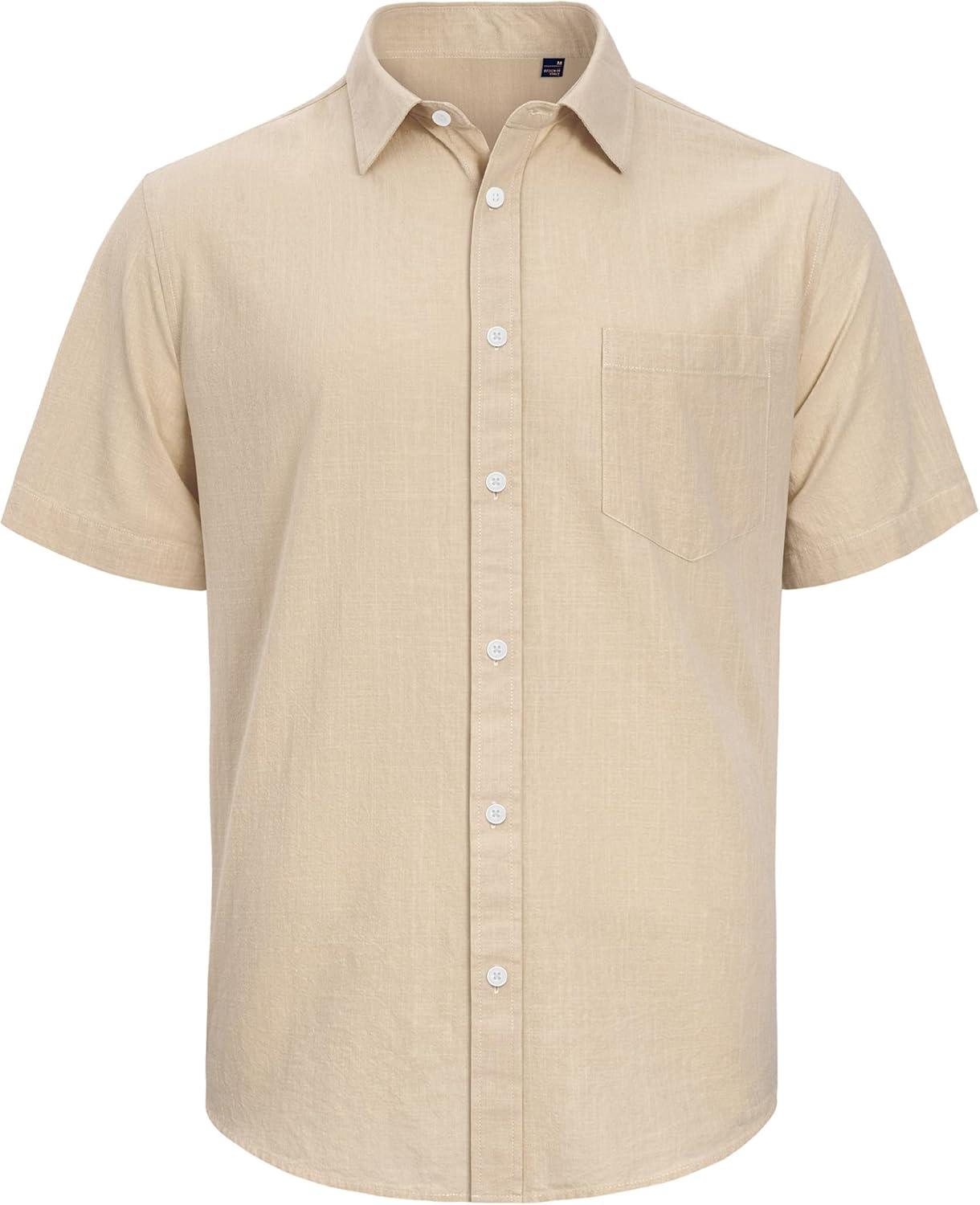 imageJVER Mens Cotton Linen Short Sleeve Shirts Casual Lightweight Button Down Shirts Vacation Beach Summer Tops with PocketLight Khaki