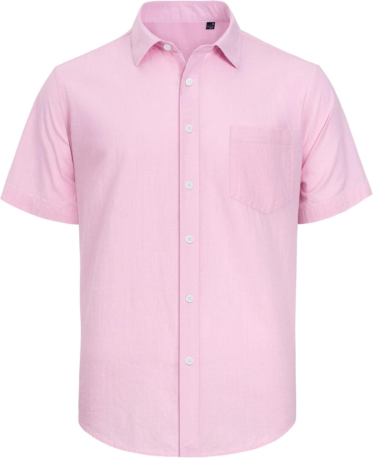 imageJVER Mens Cotton Linen Short Sleeve Shirts Casual Lightweight Button Down Shirts Vacation Beach Summer Tops with PocketLight Pink