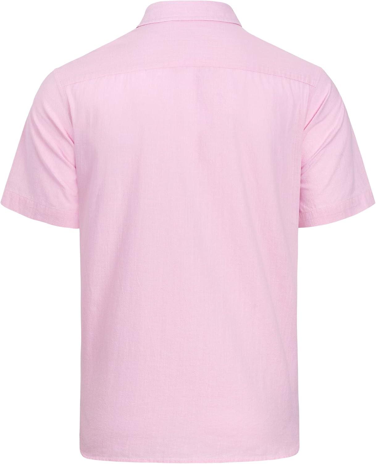 imageJVER Mens Cotton Linen Short Sleeve Shirts Casual Lightweight Button Down Shirts Vacation Beach Summer Tops with PocketLight Pink