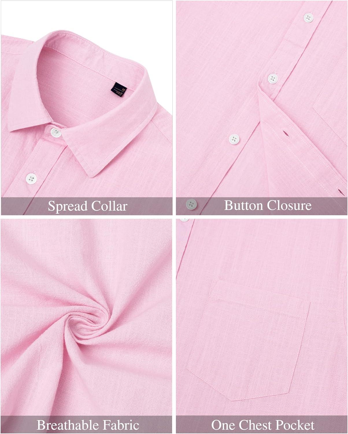 imageJVER Mens Cotton Linen Short Sleeve Shirts Casual Lightweight Button Down Shirts Vacation Beach Summer Tops with PocketLight Pink