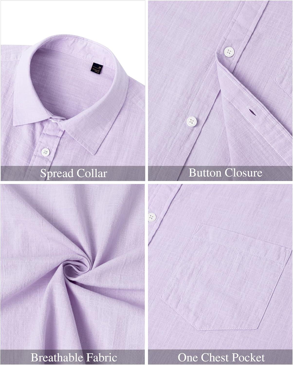 imageJVER Mens Cotton Linen Short Sleeve Shirts Casual Lightweight Button Down Shirts Vacation Beach Summer Tops with PocketLight Purple