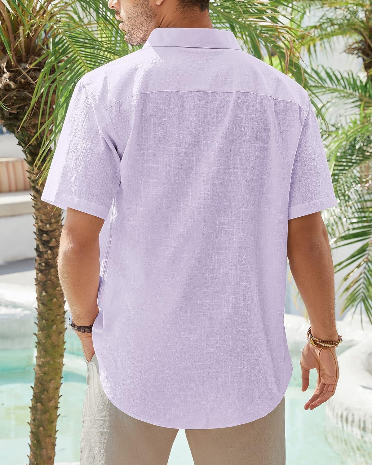 imageJVER Mens Cotton Linen Short Sleeve Shirts Casual Lightweight Button Down Shirts Vacation Beach Summer Tops with PocketLight Purple