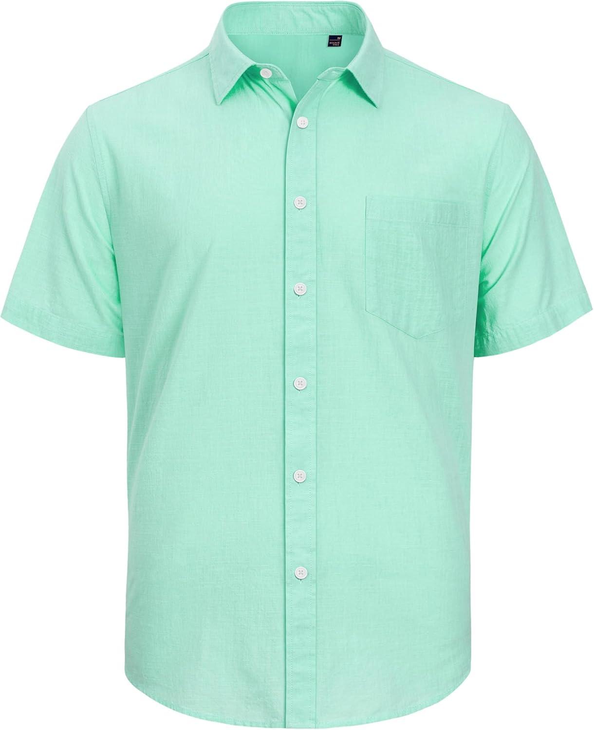 imageJVER Mens Cotton Linen Short Sleeve Shirts Casual Lightweight Button Down Shirts Vacation Beach Summer Tops with PocketMint Green