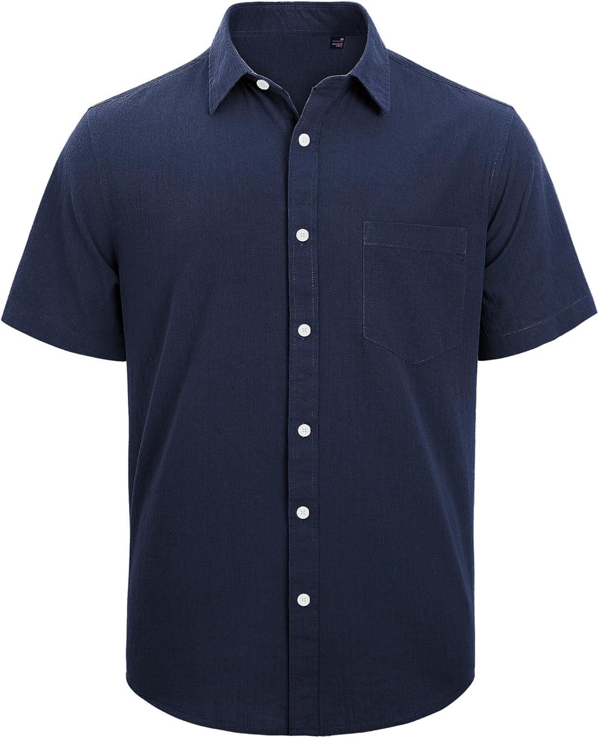 imageJVER Mens Cotton Linen Short Sleeve Shirts Casual Lightweight Button Down Shirts Vacation Beach Summer Tops with PocketNavy Blue