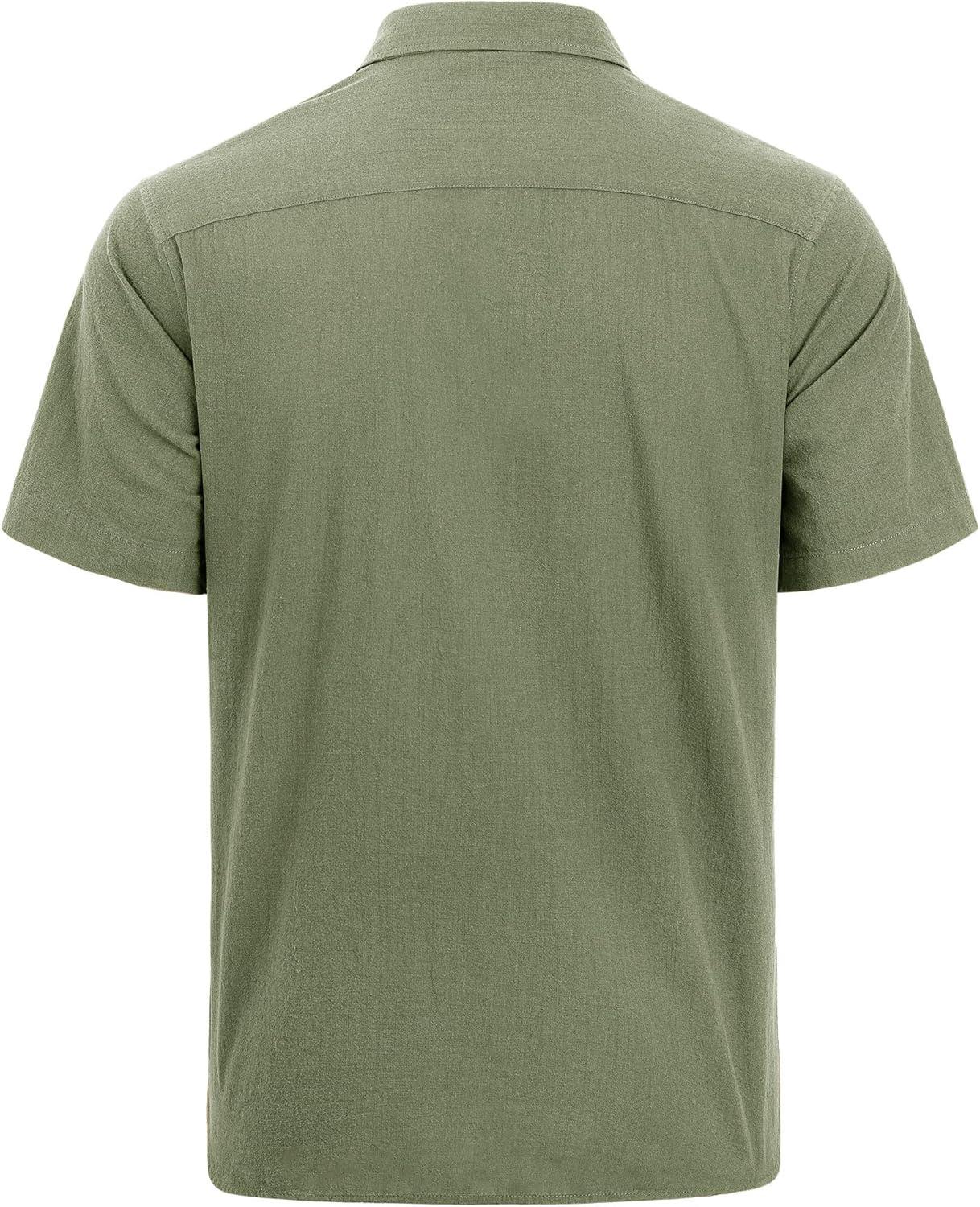 imageJVER Mens Cotton Linen Short Sleeve Shirts Casual Lightweight Button Down Shirts Vacation Beach Summer Tops with PocketOlive Green