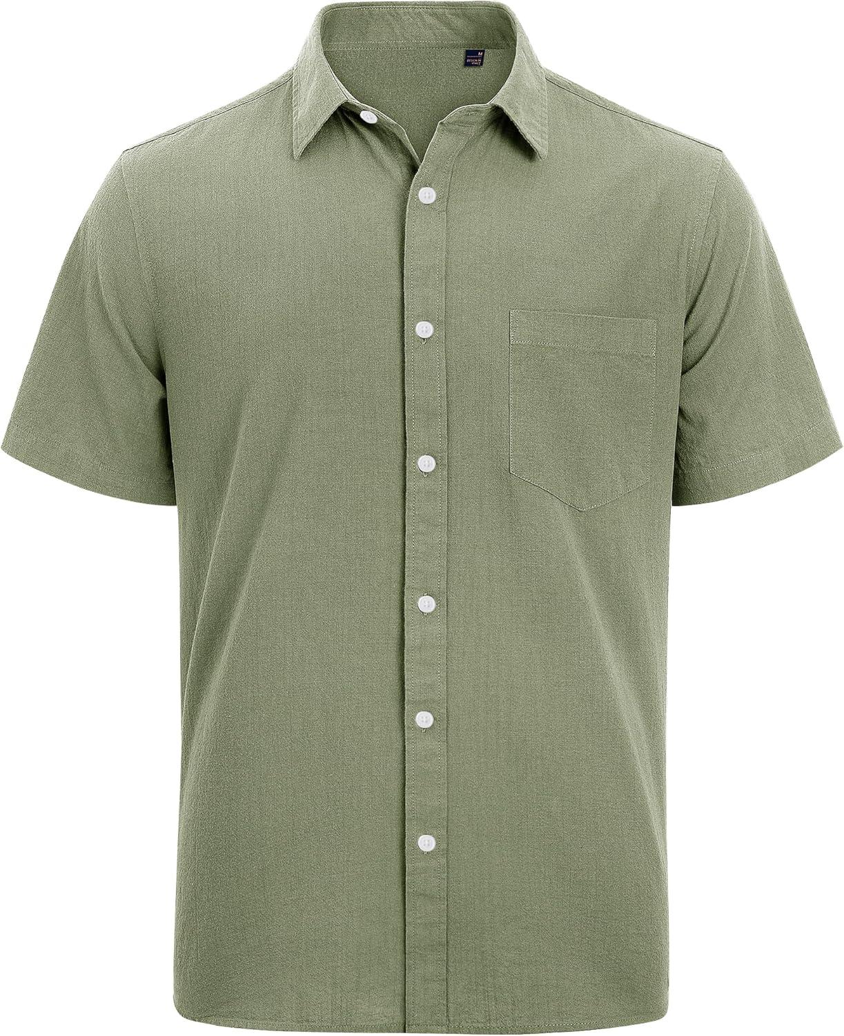 imageJVER Mens Cotton Linen Short Sleeve Shirts Casual Lightweight Button Down Shirts Vacation Beach Summer Tops with PocketOlive Green