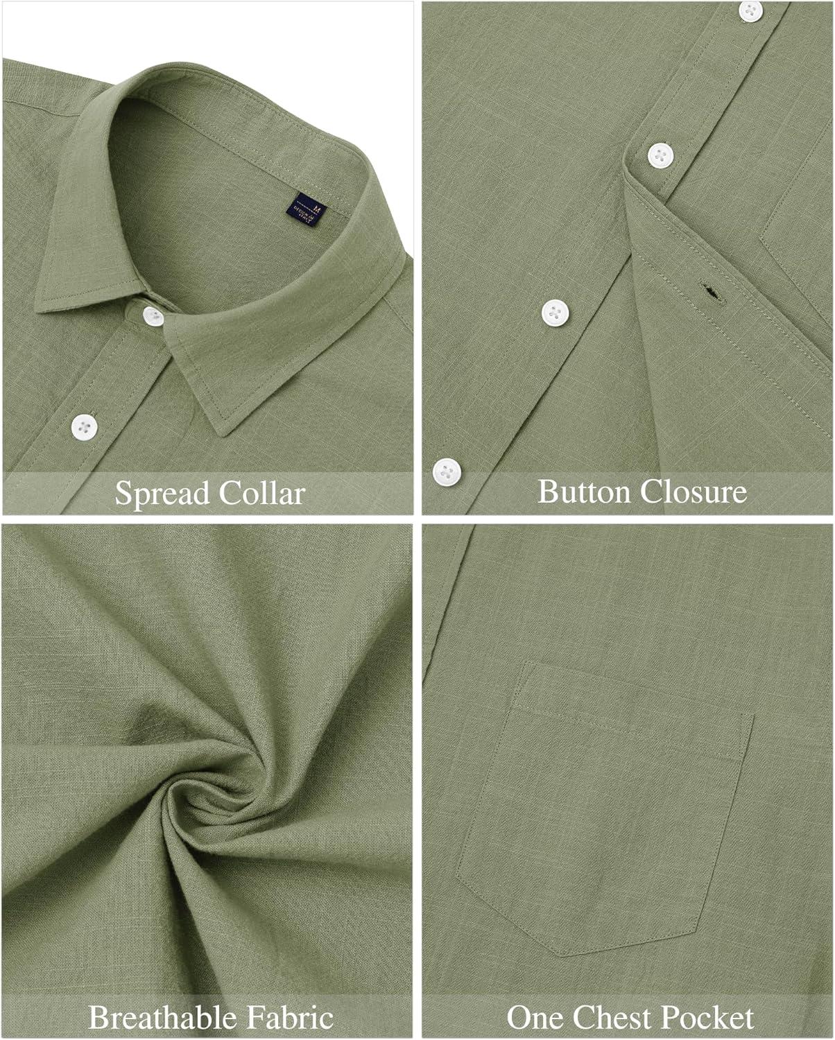 imageJVER Mens Cotton Linen Short Sleeve Shirts Casual Lightweight Button Down Shirts Vacation Beach Summer Tops with PocketOlive Green