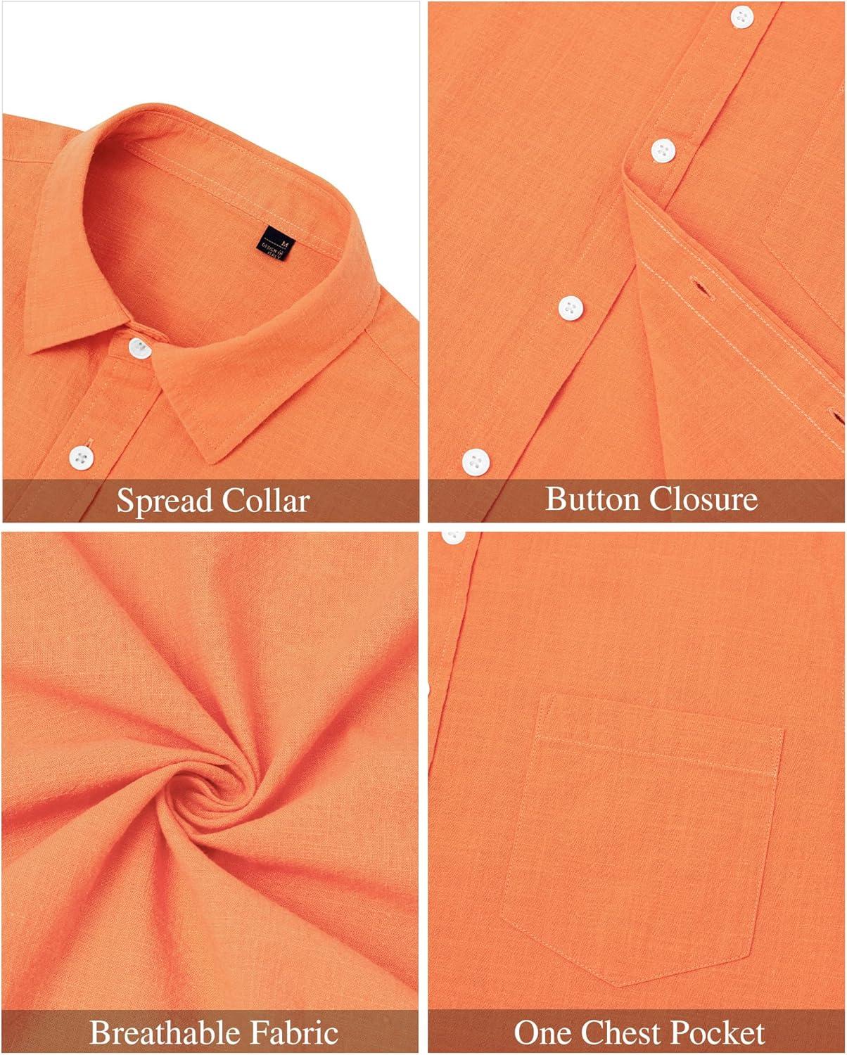 imageJVER Mens Cotton Linen Short Sleeve Shirts Casual Lightweight Button Down Shirts Vacation Beach Summer Tops with PocketOrange