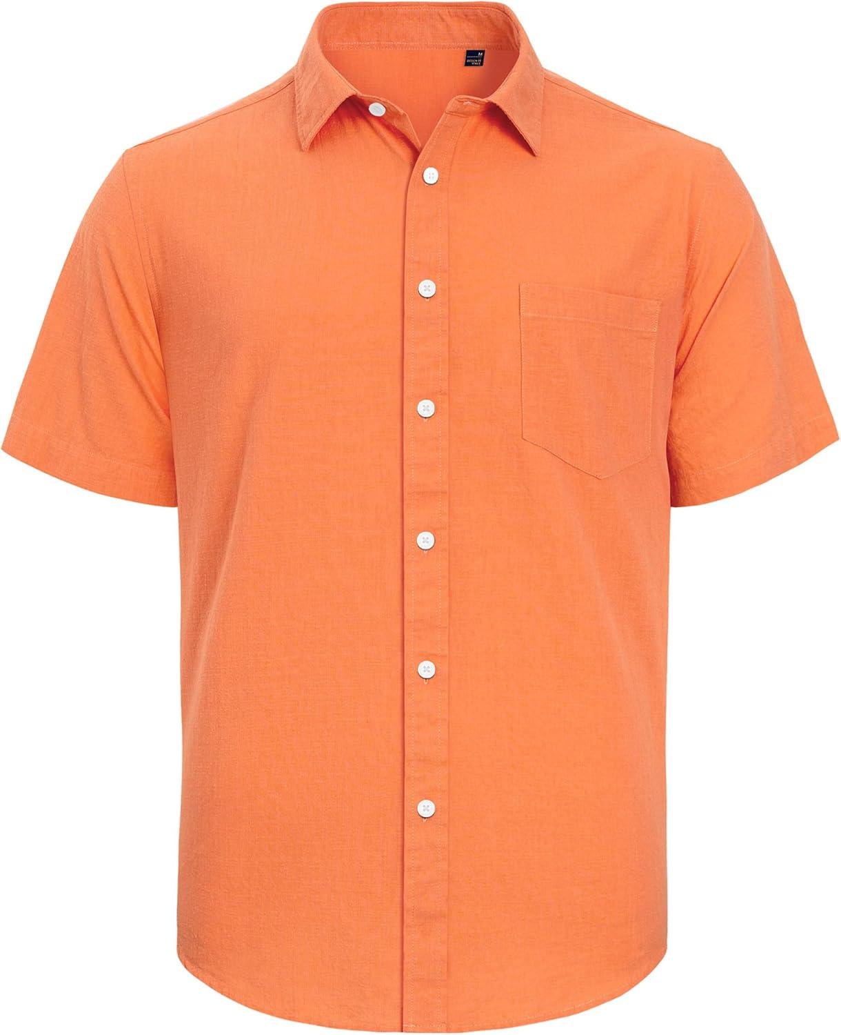 imageJVER Mens Cotton Linen Short Sleeve Shirts Casual Lightweight Button Down Shirts Vacation Beach Summer Tops with PocketOrange