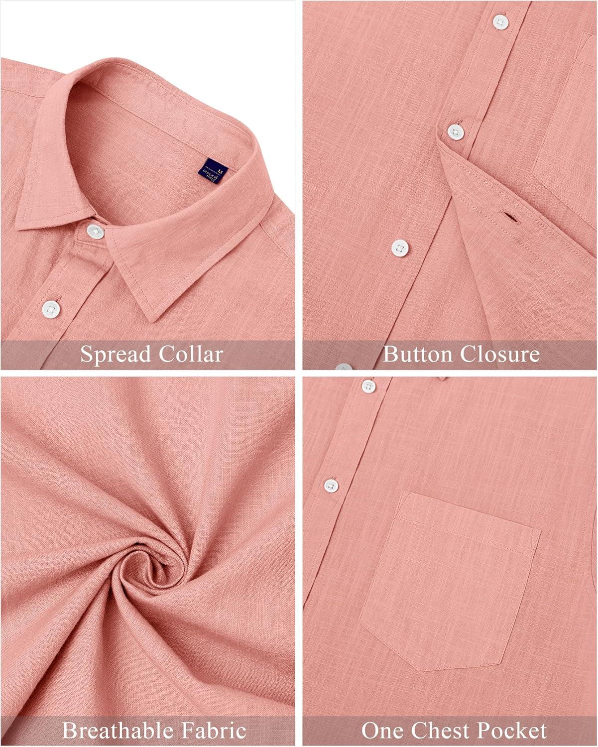 imageJVER Mens Cotton Linen Short Sleeve Shirts Casual Lightweight Button Down Shirts Vacation Beach Summer Tops with PocketPeach