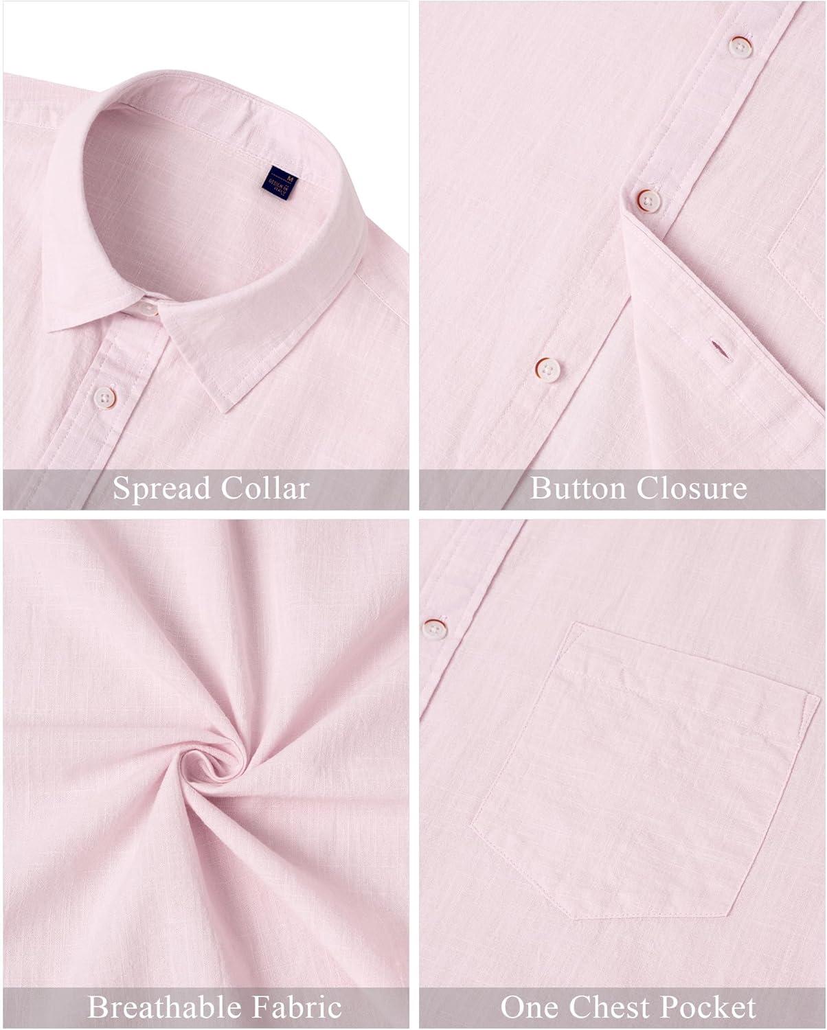 imageJVER Mens Cotton Linen Short Sleeve Shirts Casual Lightweight Button Down Shirts Vacation Beach Summer Tops with PocketPink