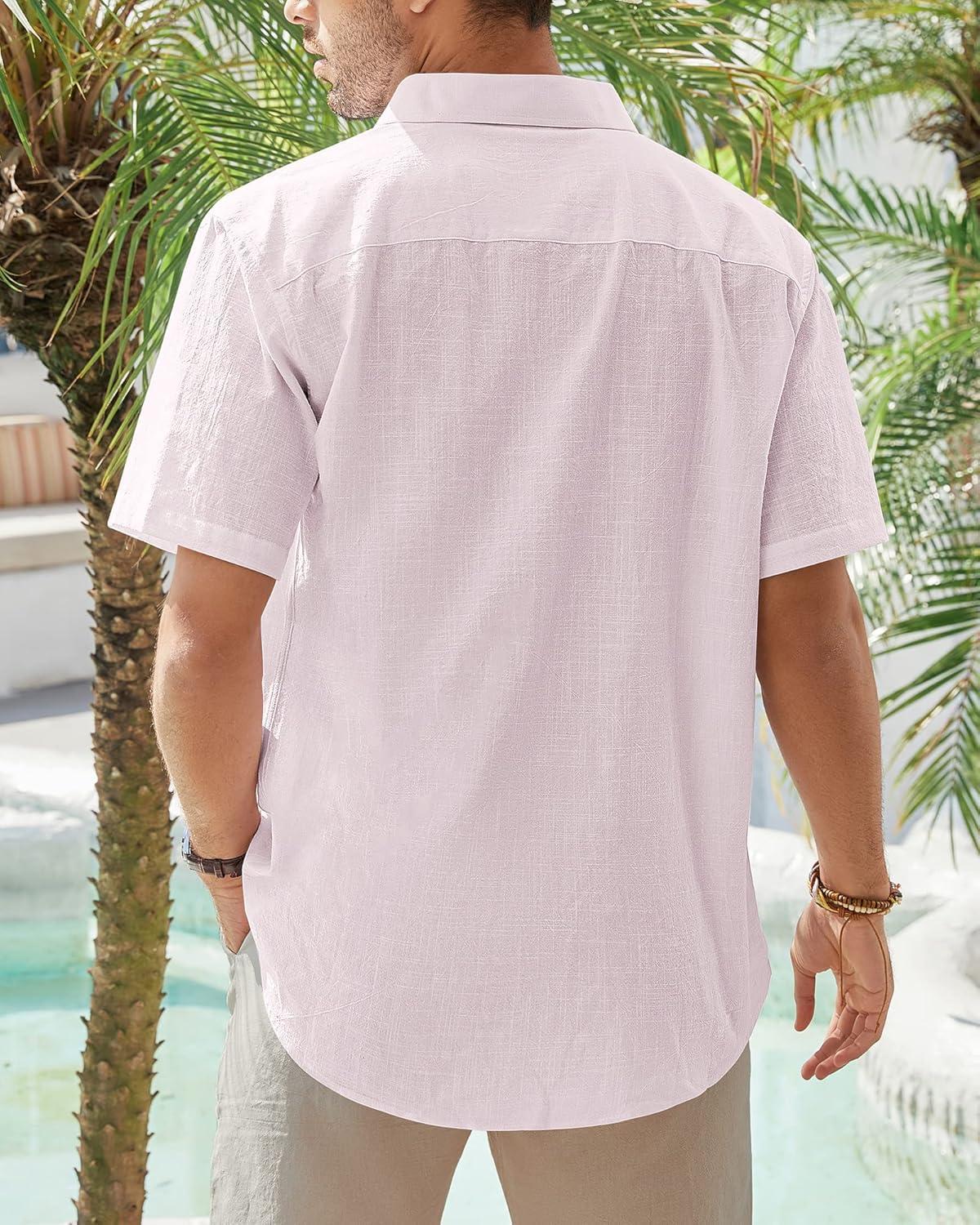 imageJVER Mens Cotton Linen Short Sleeve Shirts Casual Lightweight Button Down Shirts Vacation Beach Summer Tops with PocketPink