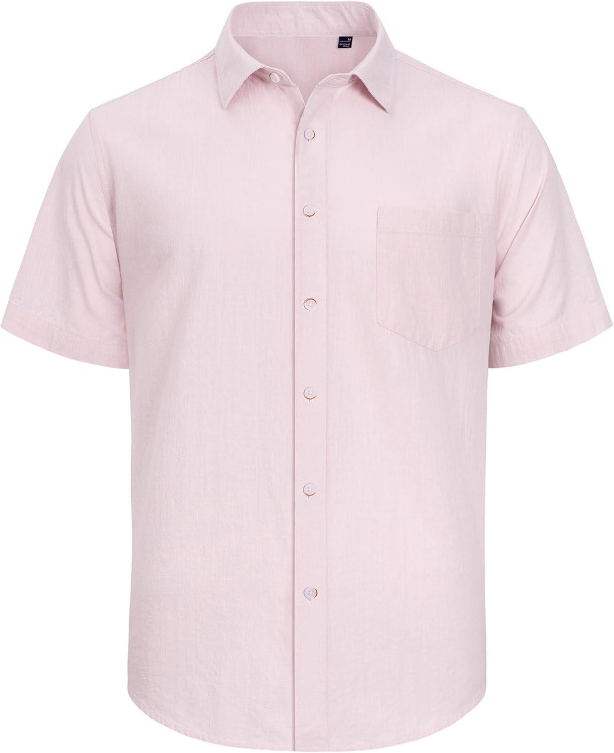 imageJVER Mens Cotton Linen Short Sleeve Shirts Casual Lightweight Button Down Shirts Vacation Beach Summer Tops with PocketPink