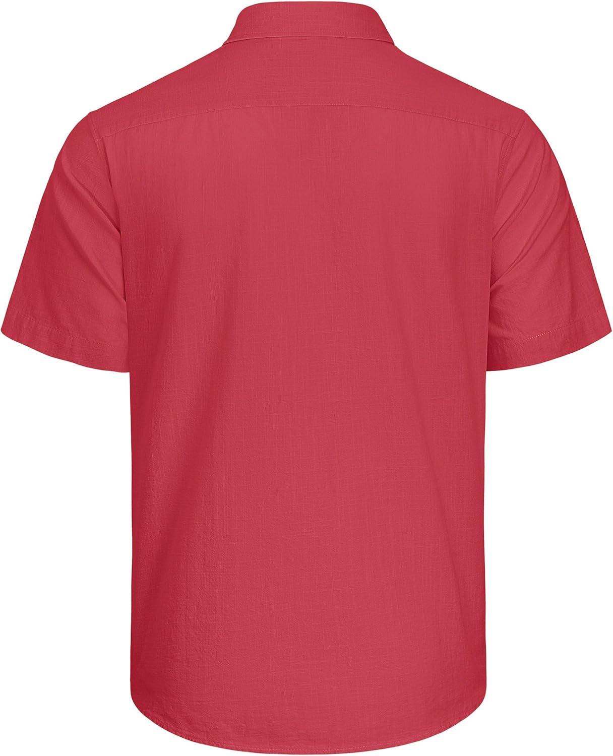 imageJVER Mens Cotton Linen Short Sleeve Shirts Casual Lightweight Button Down Shirts Vacation Beach Summer Tops with PocketRed