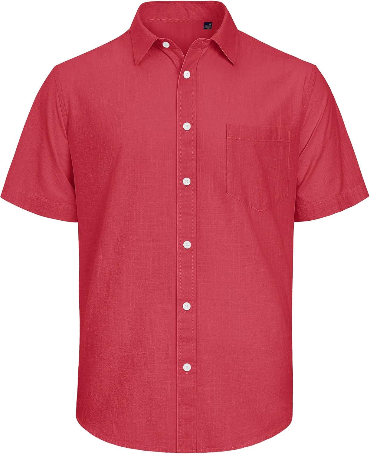 imageJVER Mens Cotton Linen Short Sleeve Shirts Casual Lightweight Button Down Shirts Vacation Beach Summer Tops with PocketRed