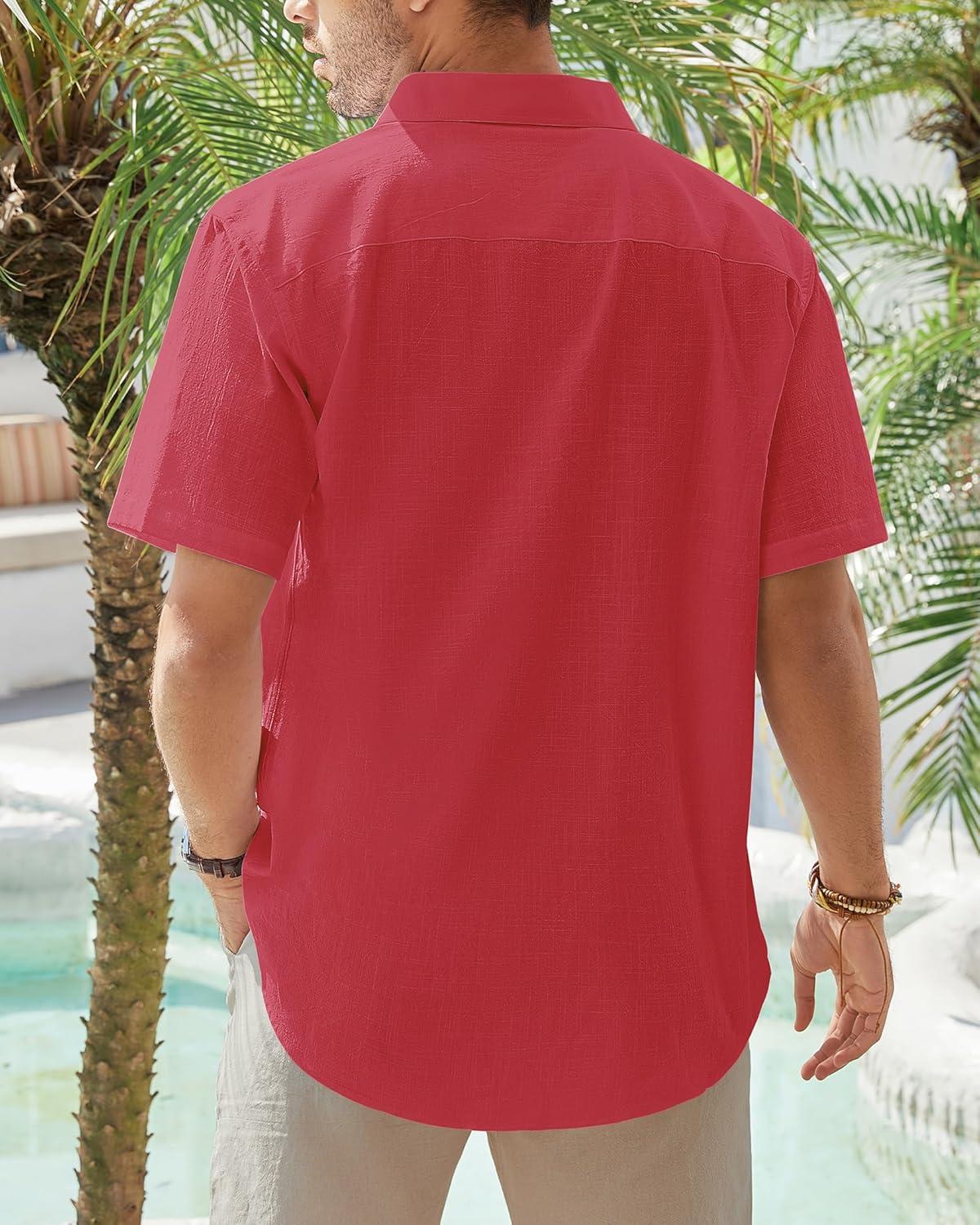 imageJVER Mens Cotton Linen Short Sleeve Shirts Casual Lightweight Button Down Shirts Vacation Beach Summer Tops with PocketRed