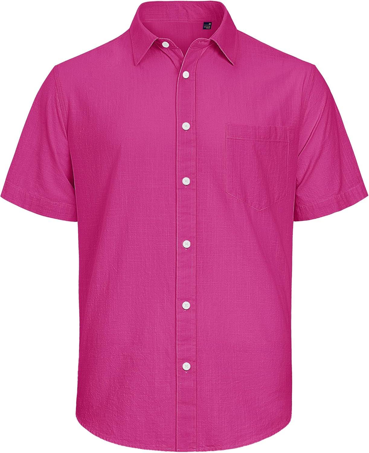 imageJVER Mens Cotton Linen Short Sleeve Shirts Casual Lightweight Button Down Shirts Vacation Beach Summer Tops with PocketRose