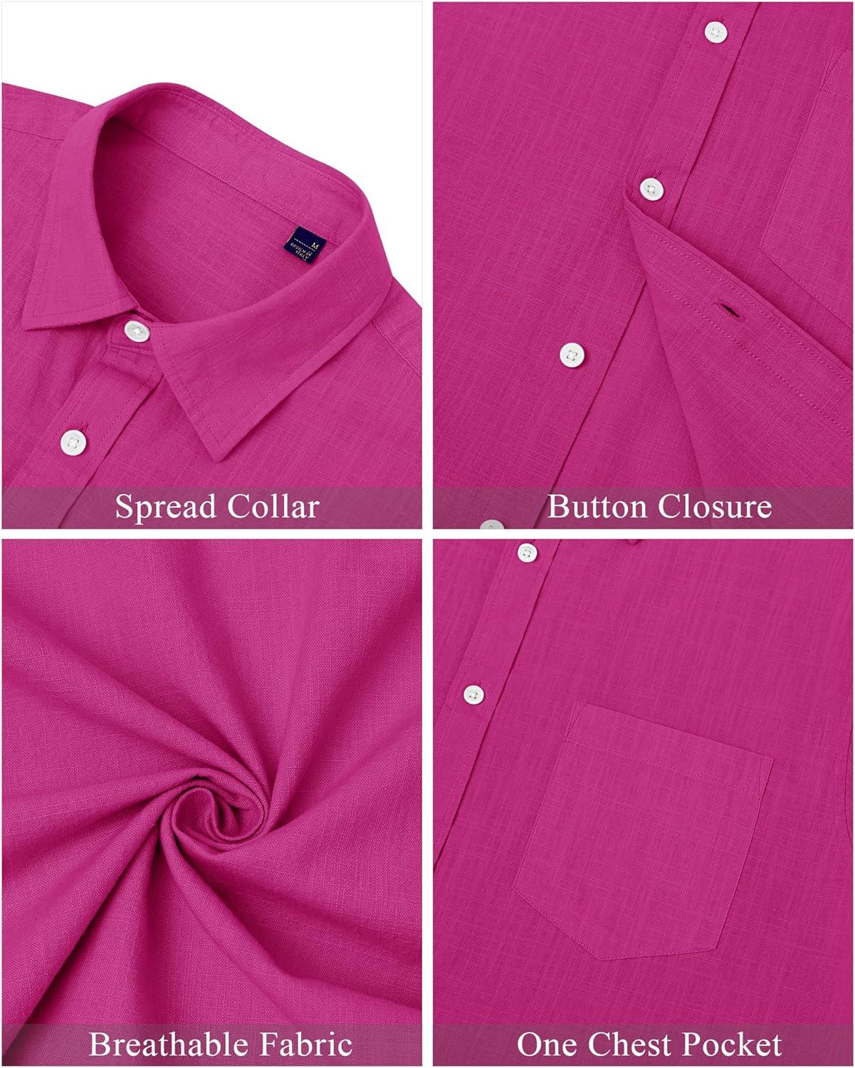 imageJVER Mens Cotton Linen Short Sleeve Shirts Casual Lightweight Button Down Shirts Vacation Beach Summer Tops with PocketRose