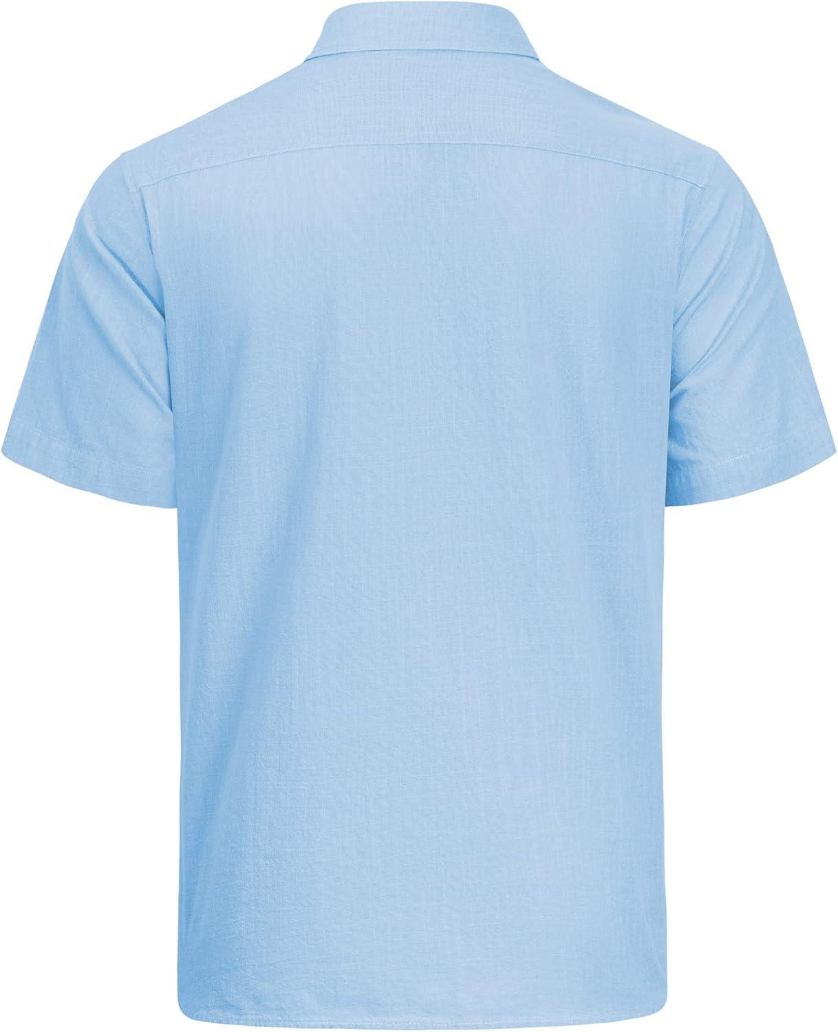 imageJVER Mens Cotton Linen Short Sleeve Shirts Casual Lightweight Button Down Shirts Vacation Beach Summer Tops with PocketSky Blue