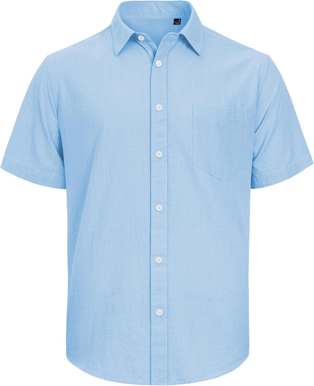 imageJVER Mens Cotton Linen Short Sleeve Shirts Casual Lightweight Button Down Shirts Vacation Beach Summer Tops with PocketSky Blue
