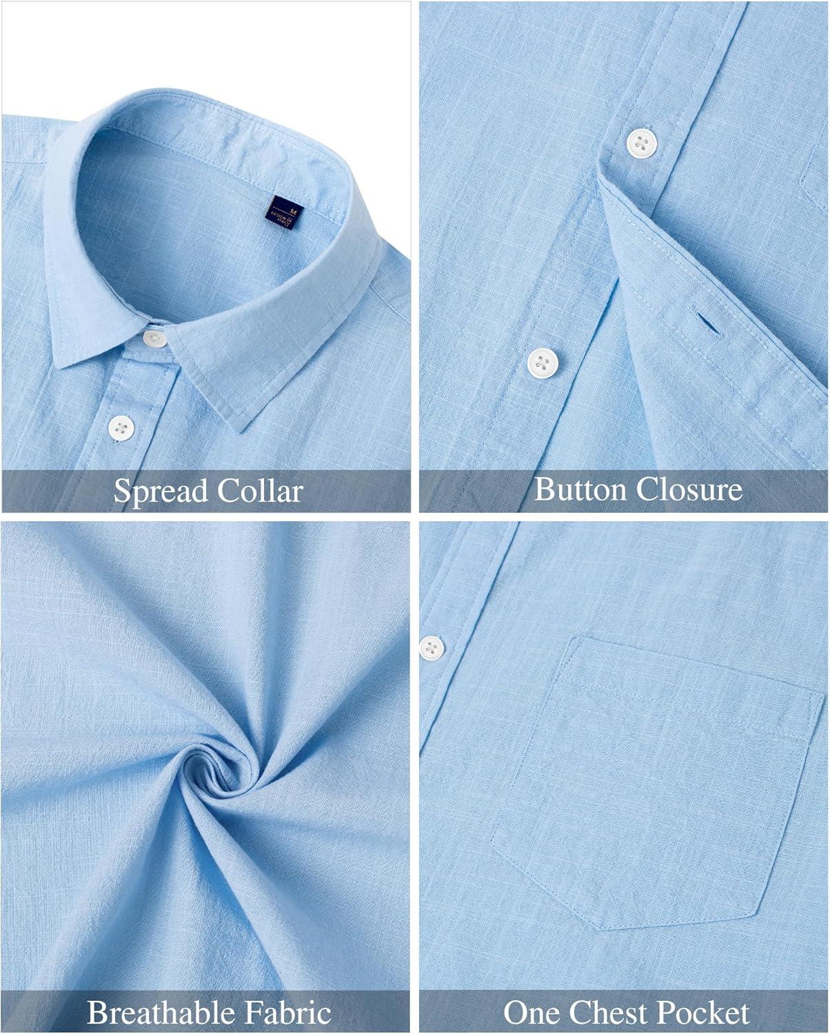 imageJVER Mens Cotton Linen Short Sleeve Shirts Casual Lightweight Button Down Shirts Vacation Beach Summer Tops with PocketSky Blue