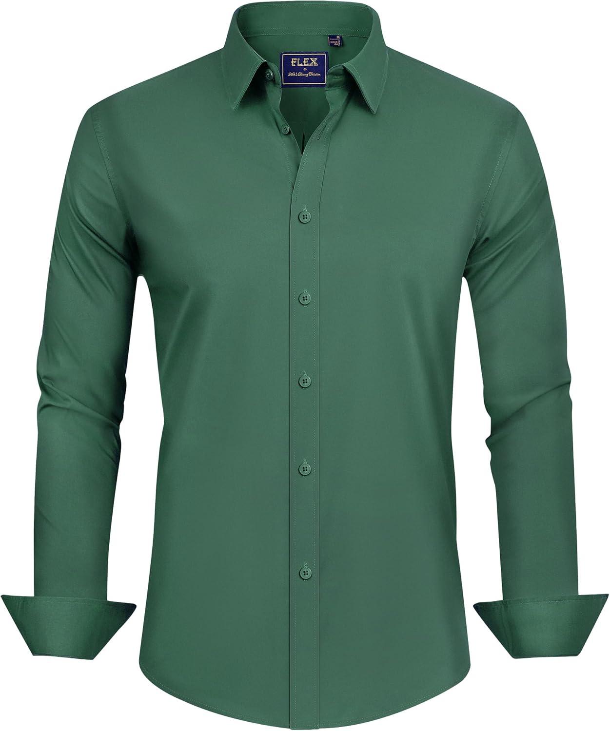 imageJVER Mens Dress Shirts Stretch Stain Shield Long Sleeve Solid Formal Shirt Business Casual Button Down ShirtsArmy Green