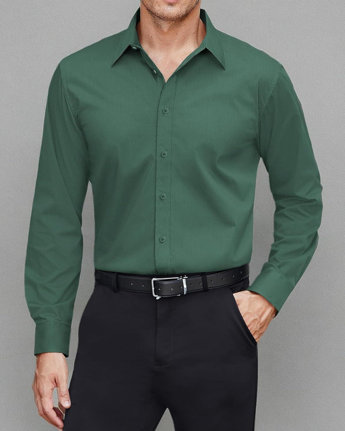 imageJVER Mens Dress Shirts Stretch Stain Shield Long Sleeve Solid Formal Shirt Business Casual Button Down ShirtsArmy Green