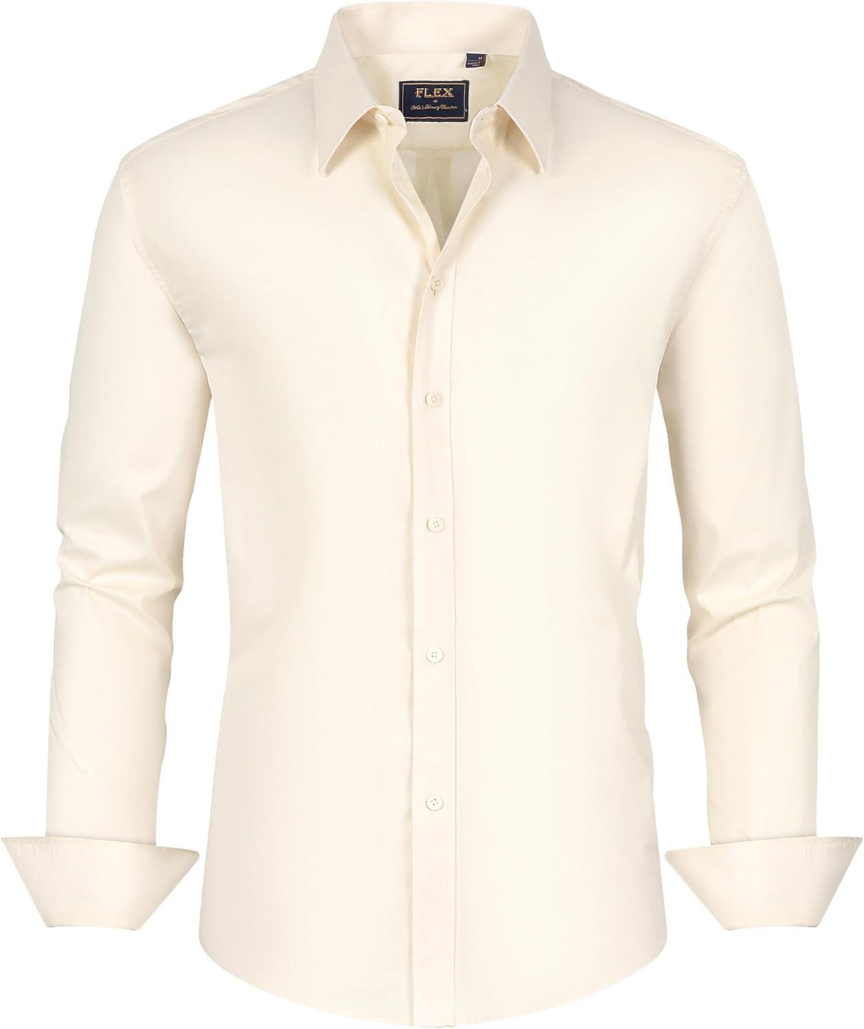 imageJVER Mens Dress Shirts Stretch Stain Shield Long Sleeve Solid Formal Shirt Business Casual Button Down ShirtsBeige