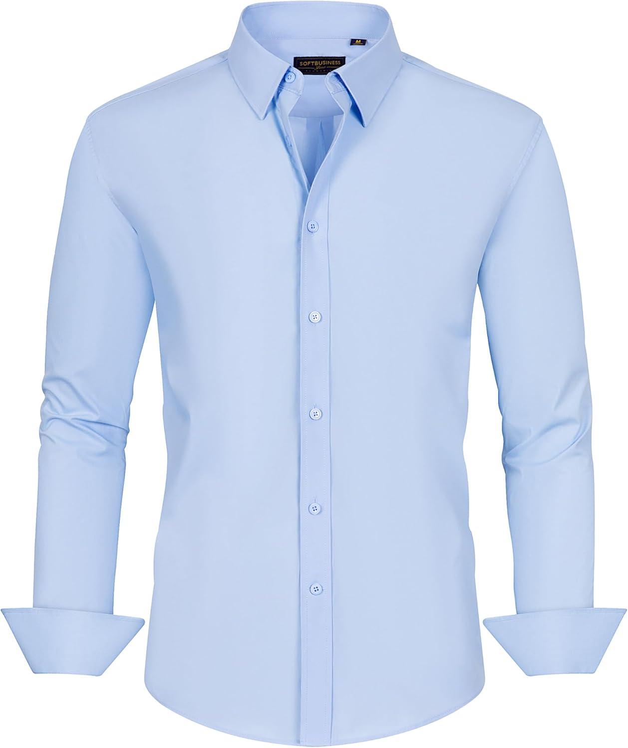 imageJVER Mens Dress Shirts Stretch Stain Shield Long Sleeve Solid Formal Shirt Business Casual Button Down ShirtsBlue