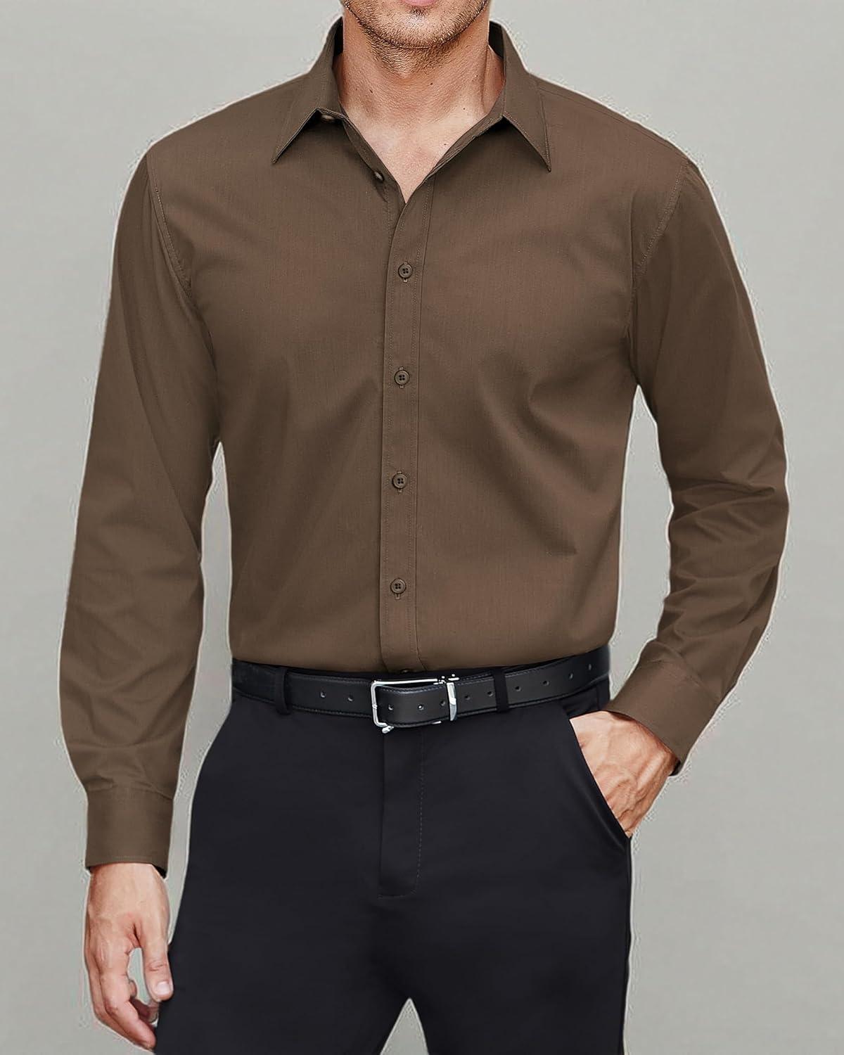 imageJVER Mens Dress Shirts Stretch Stain Shield Long Sleeve Solid Formal Shirt Business Casual Button Down ShirtsBrown