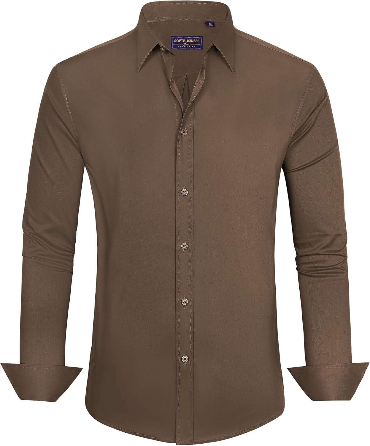 imageJVER Mens Dress Shirts Stretch Stain Shield Long Sleeve Solid Formal Shirt Business Casual Button Down ShirtsBrown