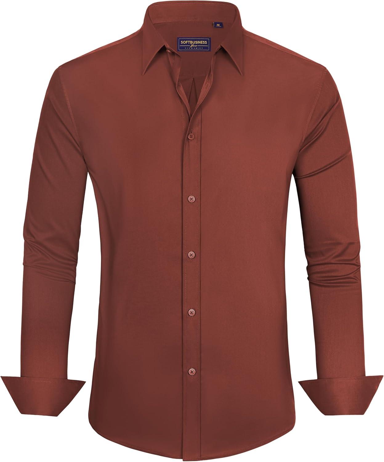 imageJVER Mens Dress Shirts Stretch Stain Shield Long Sleeve Solid Formal Shirt Business Casual Button Down ShirtsCaramel